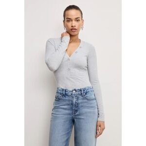 Good American Long Sleeve Ribbed Henley Button Front Bodysuit Gray Size Large L